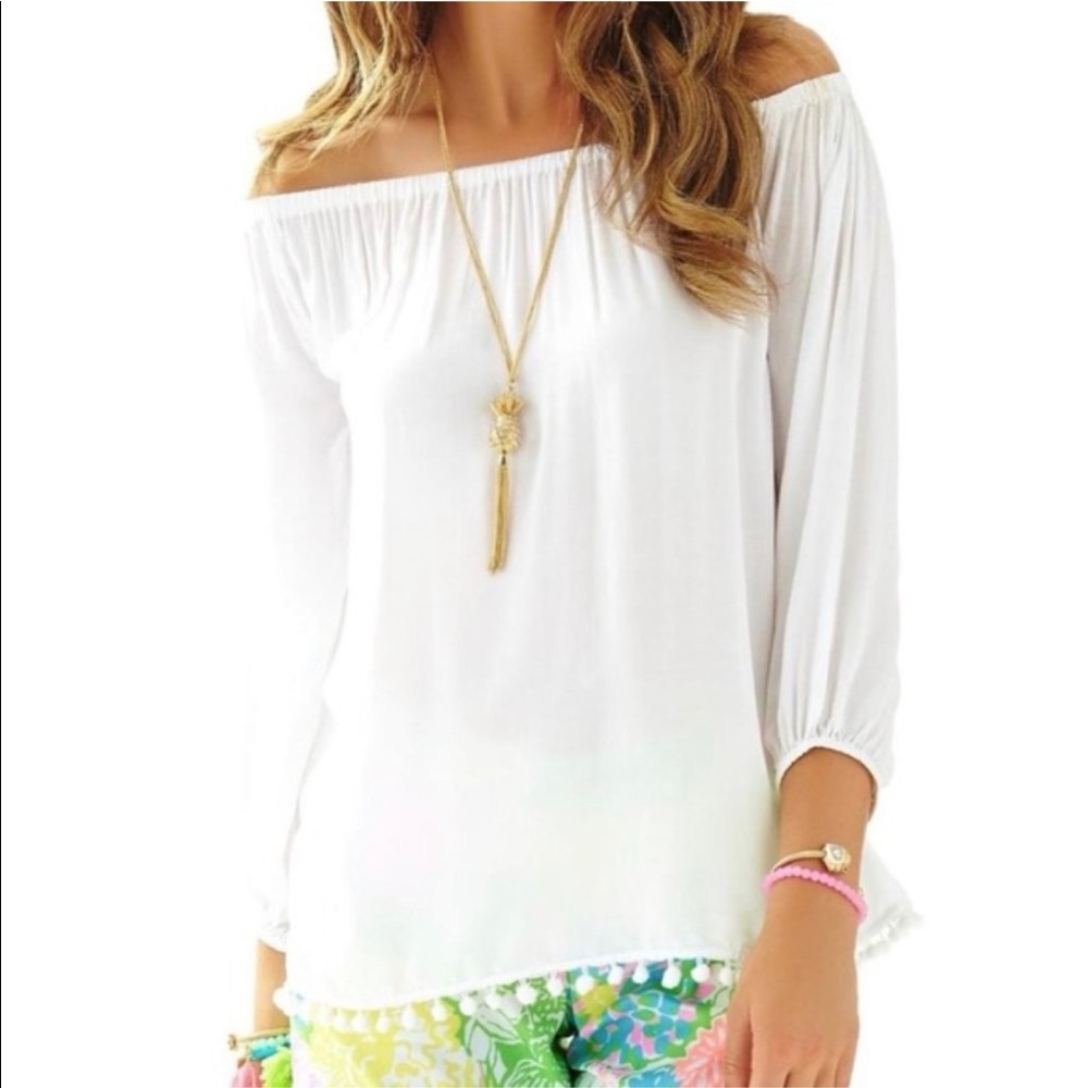 Lilly Pulitzer Enna White Off-Shoulder Pom Pom Trim Top XS